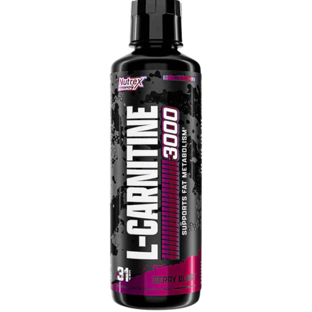 Frasco de suplemento Nutrex Research L-Carnitina sabor Mezcla de Bayas 3000 mg 465 ml Líquido