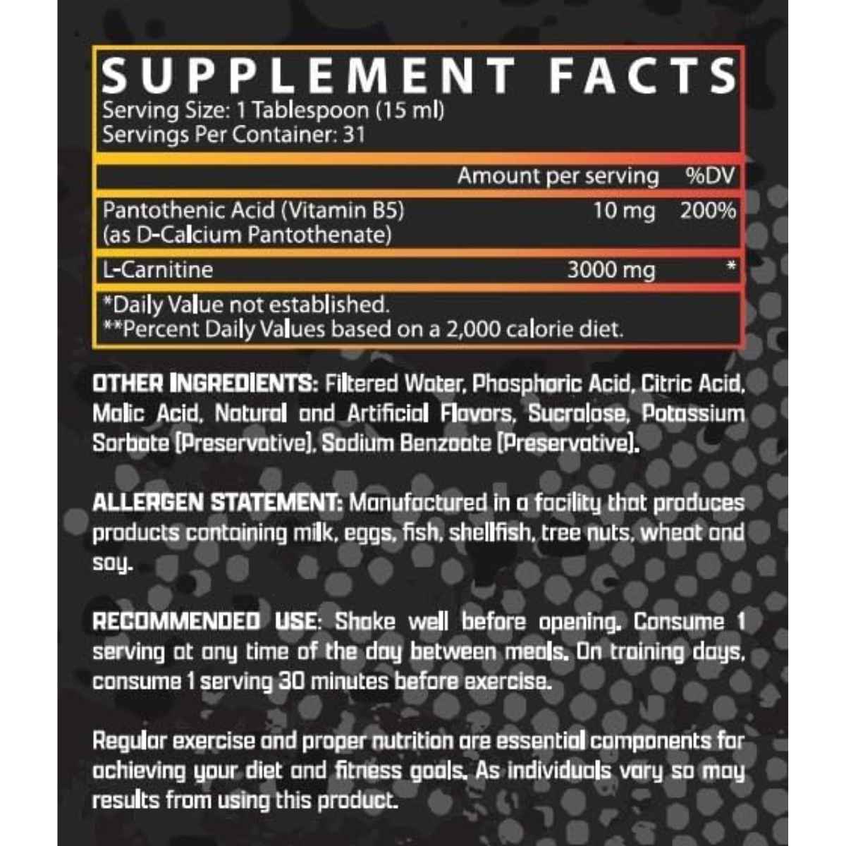 Tabla nutricional del suplemento Nutrex Research L-Carnitina sabor Naranja Mango 3000 mg 465 ml Líquido