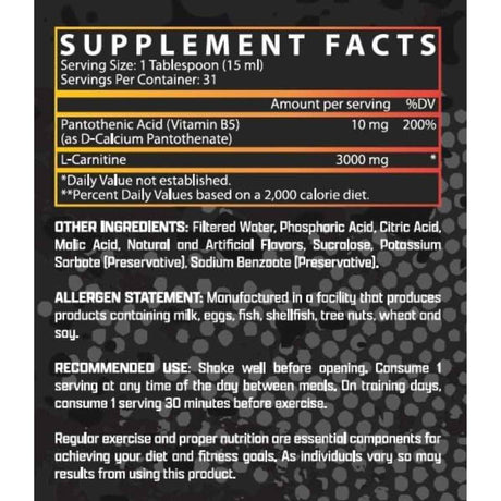 Tabla nutricional del suplemento Nutrex Research L-Carnitina sabor Naranja Mango 3000 mg 465 ml Líquido