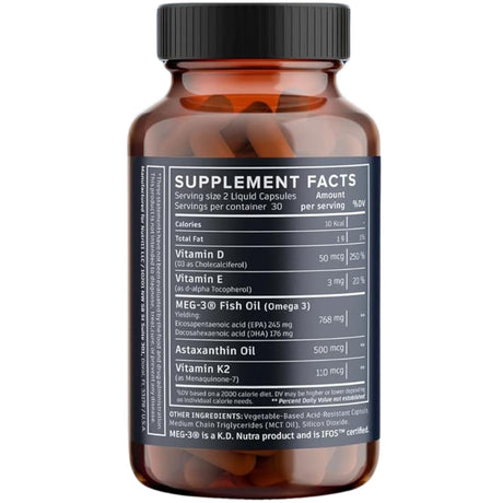 Tabla nutricional del suplemento Nutri11 Omega 3 + D3 + K2 con Astaxantina 60 cápsulas