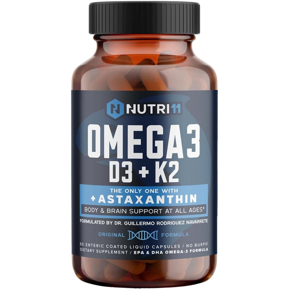 Frasco de suplemento Nutri11 Omega 3 + D3 + K2 con Astaxantina 60 cápsulas