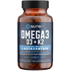 Frasco de suplemento Nutri11 Omega 3 + D3 + K2 con Astaxantina 60 cápsulas