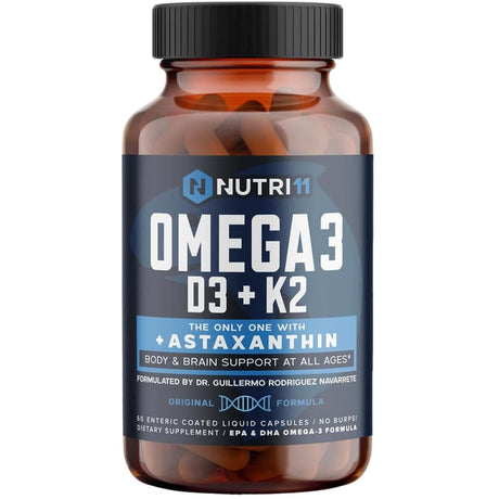 Frasco de suplemento Nutri11 Omega 3 + D3 + K2 con Astaxantina 60 cápsulas