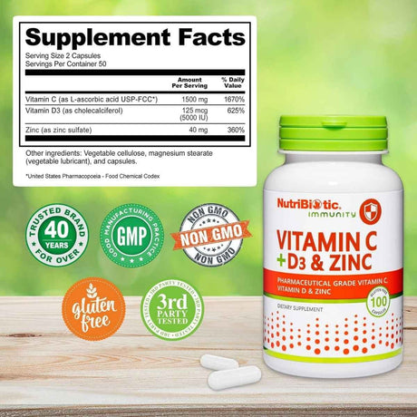 Tabla nutricional del suplemento NutriBiotic Vitamina C + D3 & Zinc 100 cápsulas