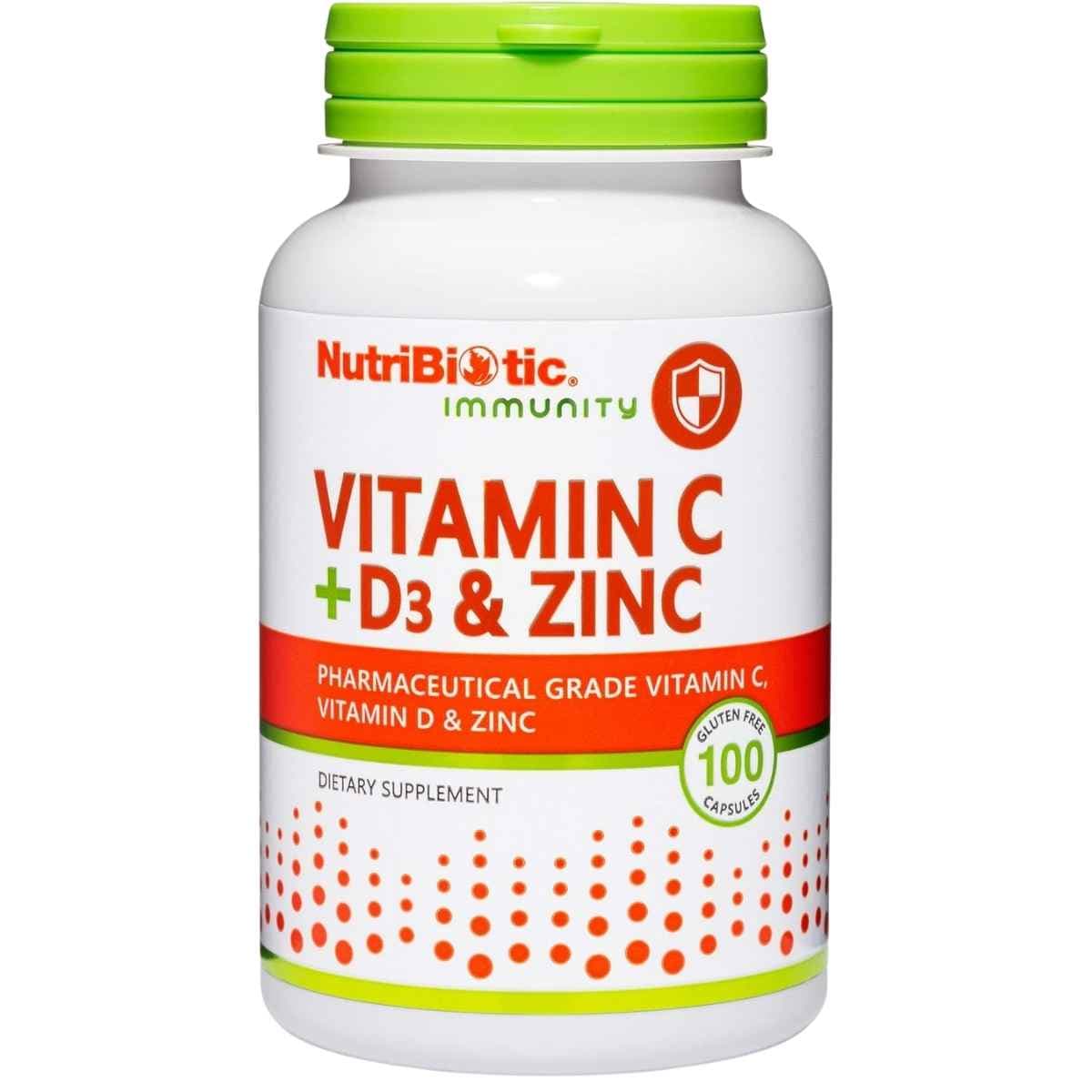 Frasco de suplemento NutriBiotic Vitamina C + D3 & Zinc 100 cápsulas