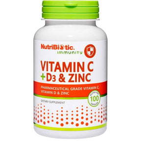 Frasco de suplemento NutriBiotic Vitamina C + D3 & Zinc 100 cápsulas