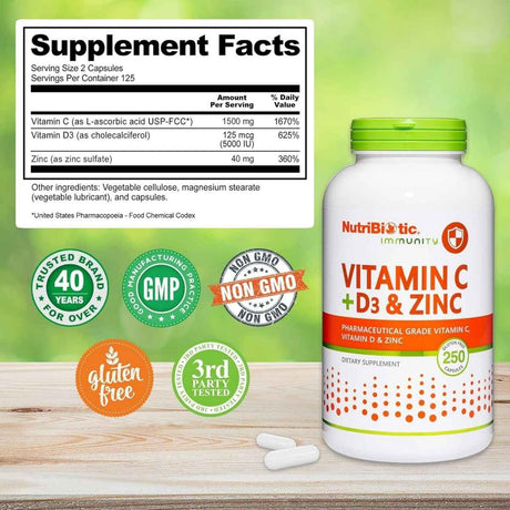 Tabla nutricional del suplemento NutriBiotic Vitamina C + D3 & Zinc 250 cápsulas