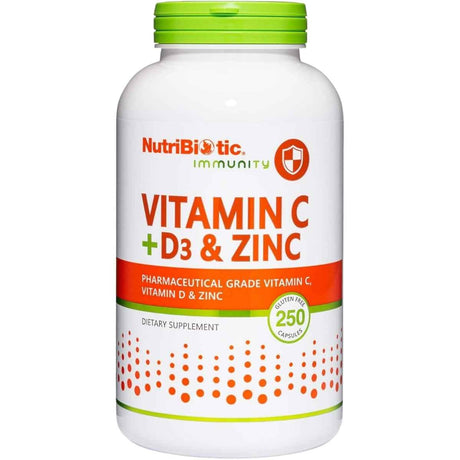 Frasco de suplemento NutriBiotic Vitamina C + D3 & Zinc 250 cápsulas