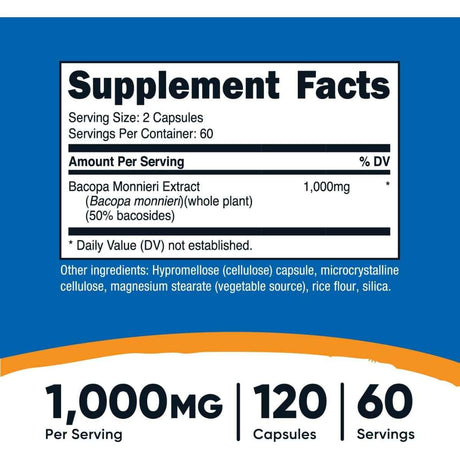 Tabla nutricional del suplemento Nutricost Bacopa Monnieri (1000 mg - 120 Cápsulas)