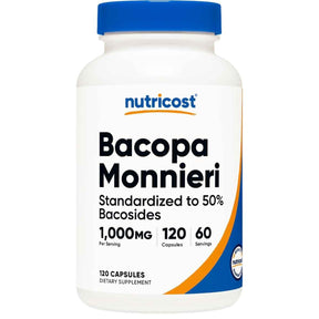 Frasco de suplemento Nutricost Bacopa Monnieri (1000 mg - 120 Cápsulas)