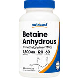 Frasco de suplemento Nutricost Betaína Anhidra TMG 1500 mg 120 cápsulas