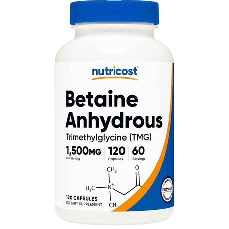 Frasco de suplemento Nutricost Betaína Anhidra TMG 1500 mg 120 cápsulas