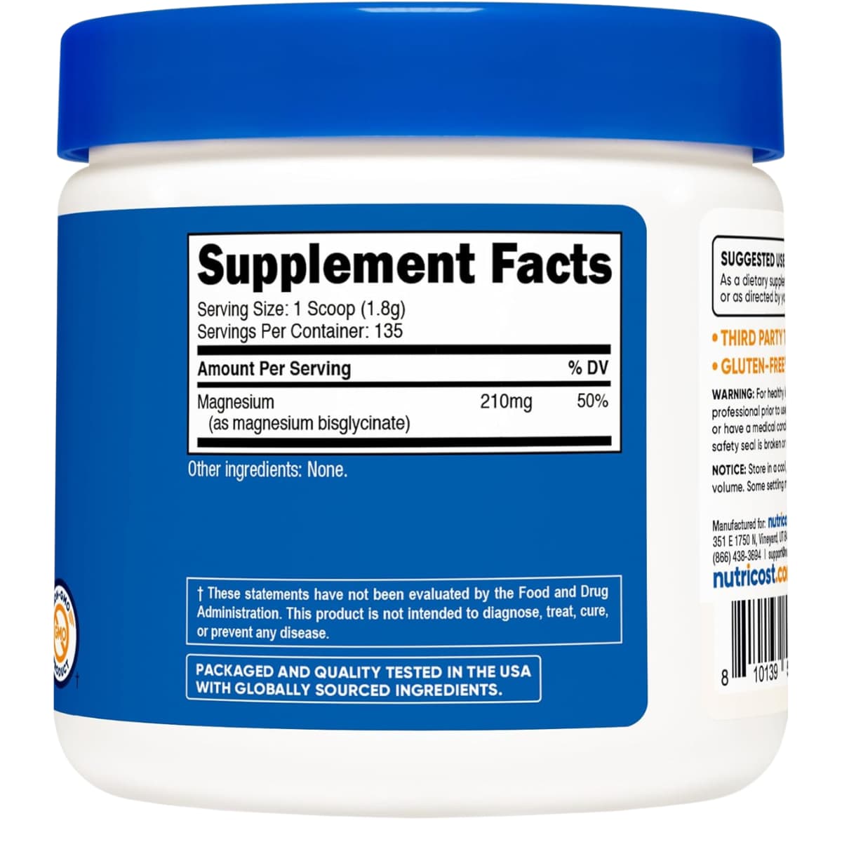 Información del suplemento Nutricost bisglicinato de magnesio con 210 mg por porción y 135 porciones