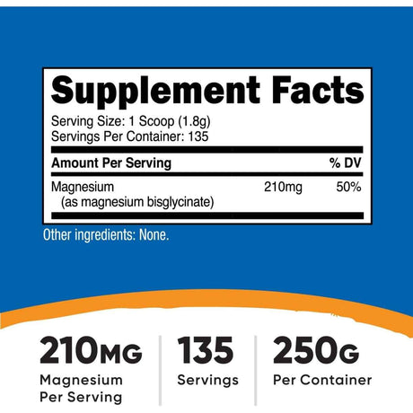 Tabla nutricional del suplemento Nutricost Bisglicinato de Magnesio 250 g