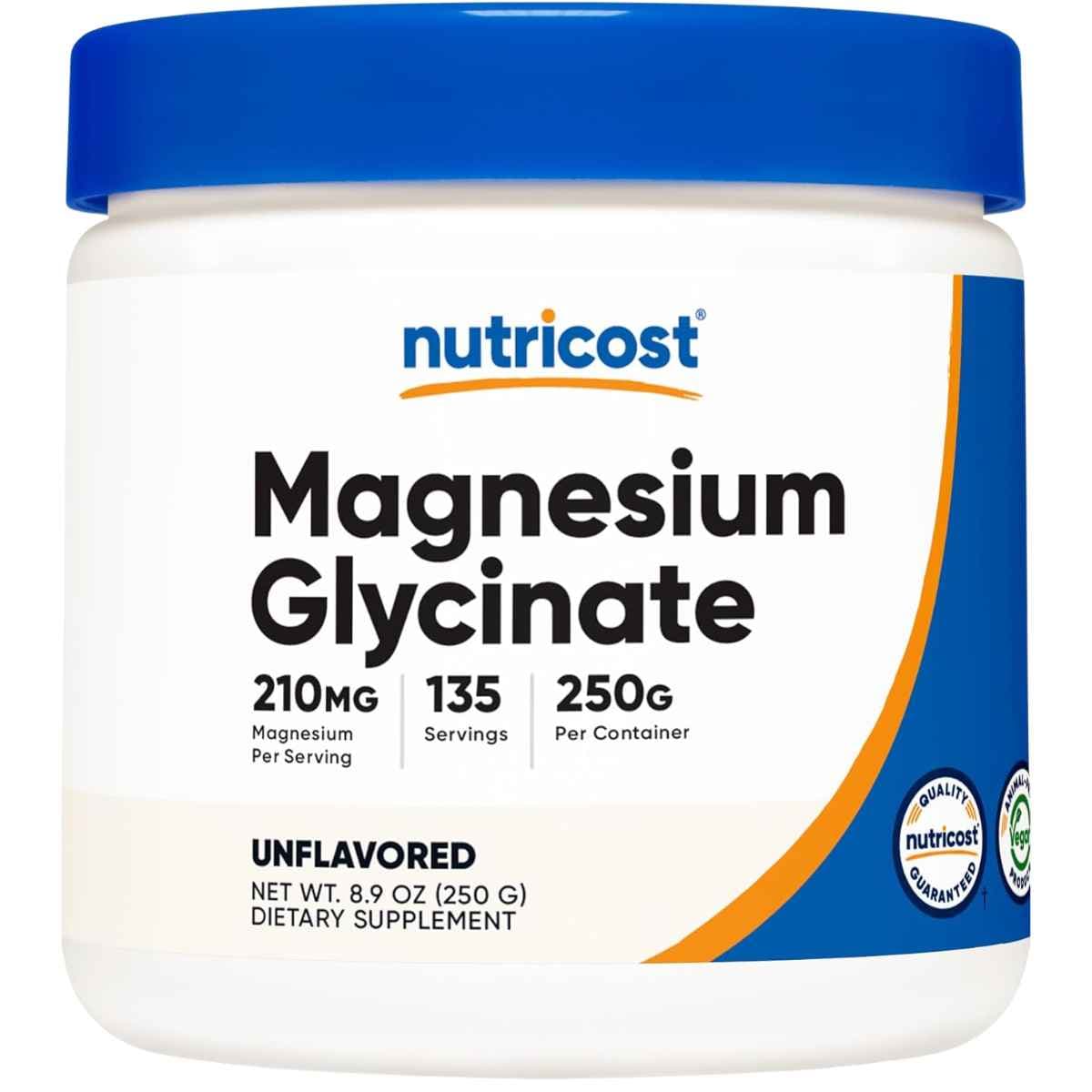 Frasco de suplemento Nutricost Bisglicinato de Magnesio 250 g