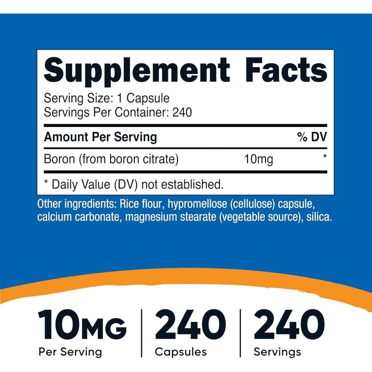 Tabla nutricional del suplemento Nutricost Boro Citrato 10 mg 240 cápsulas