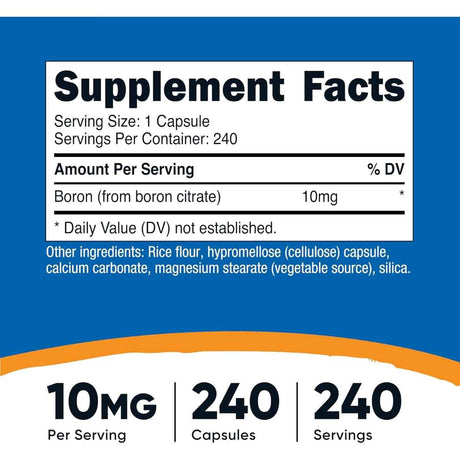 Tabla nutricional del suplemento Nutricost Boro Citrato 10 mg 240 cápsulas