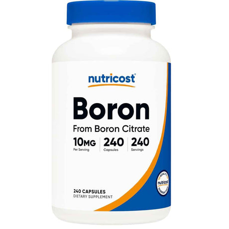 Frasco de suplemento Nutricost Boro Citrato 10 mg 240 cápsulas