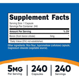 Tabla nutricional del suplemento Nutricost Boro Citrato 5 mg 240 cápsulas