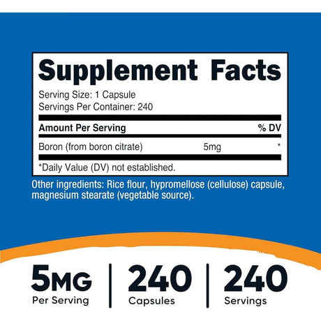 Tabla nutricional del suplemento Nutricost Boro Citrato 5 mg 240 cápsulas