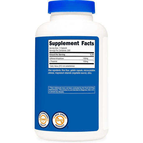 Tabla nutricional del suplemento Nutricost Cafeína con L-Teanina 240 Cápsulas