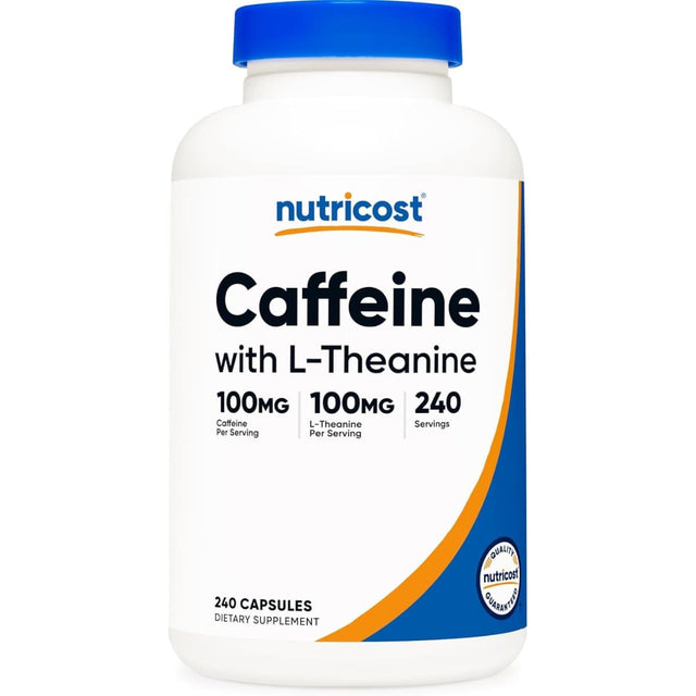 Frasco de suplemento Nutricost Cafeína con L-Teanina 240 Cápsulas