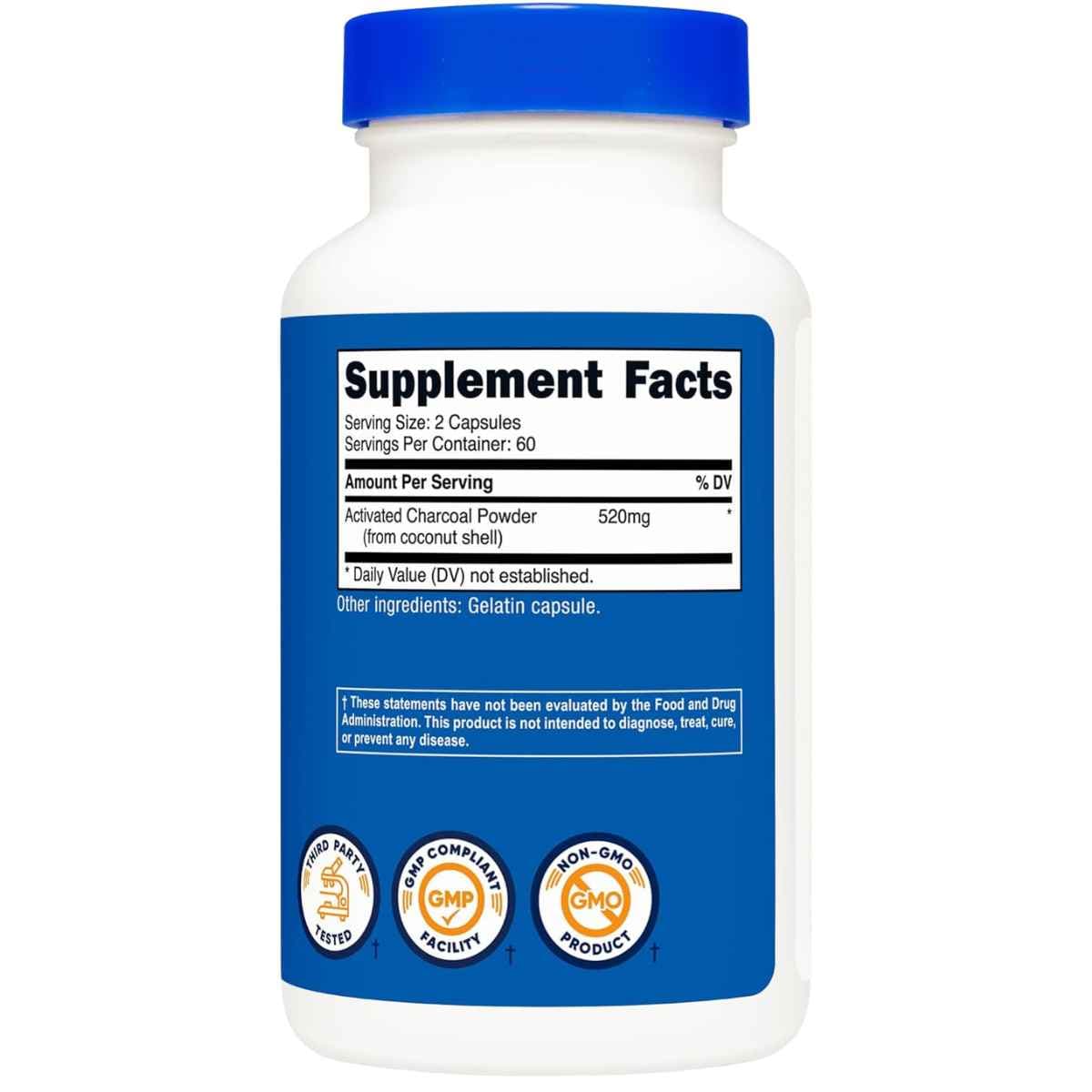 Información del suplemento de Nutricost carbón activado 520 mg por porción