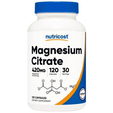 Frasco de suplemento Nutricost Citrato de Magnesio 420 mg 120 Cápsulas