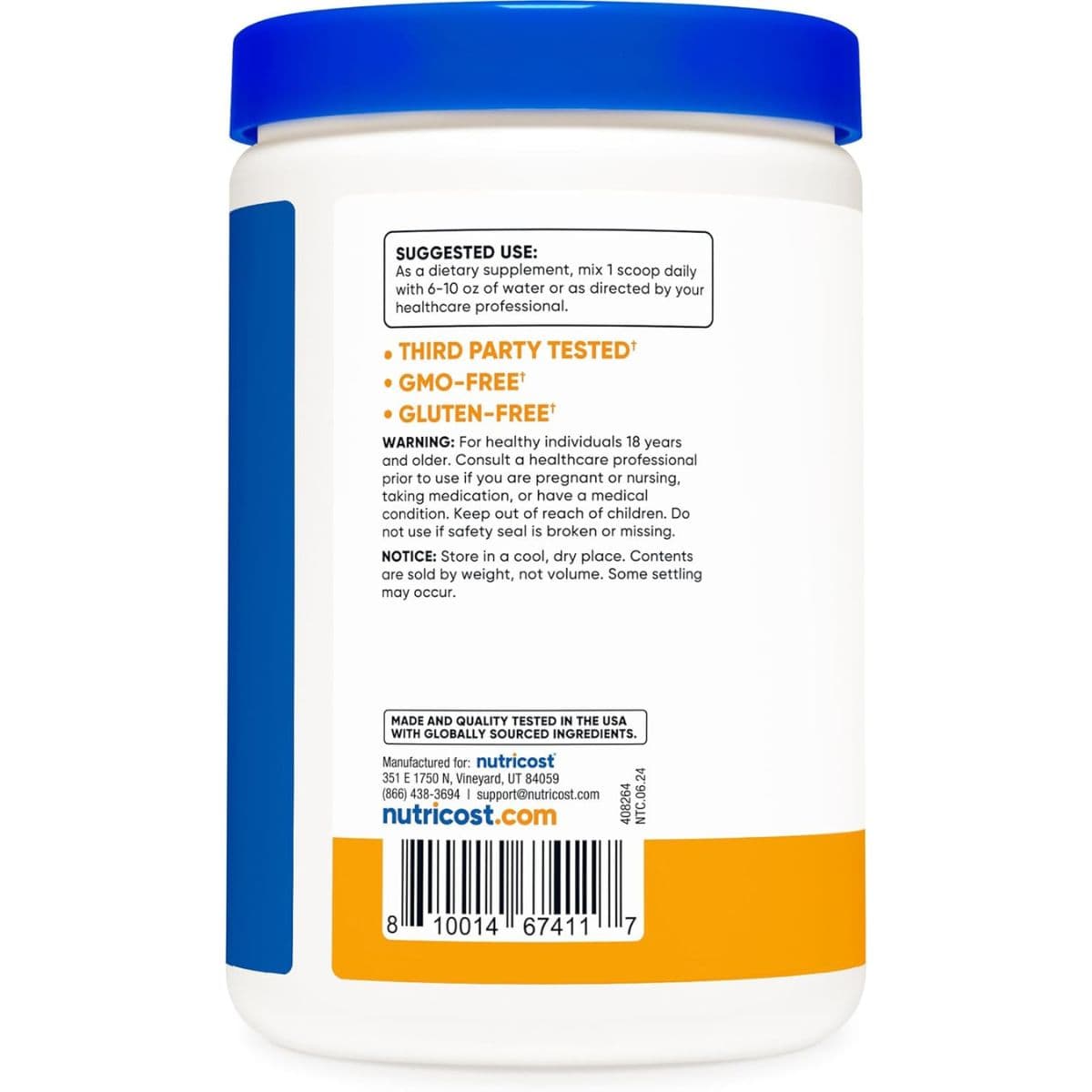 Etiqueta posterior de Nutricost citrato de magnesio en polvo, sabor Durazno mango, 500 g.