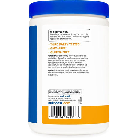 Etiqueta posterior de Nutricost citrato de magnesio en polvo, sabor Durazno mango, 500 g.