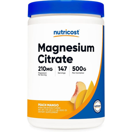 Frontal de Nutricost citrato de magnesio en polvo, sabor Durazno mango, 500 g.