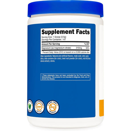 Panel de información del suplemento de Nutricost citrato de magnesio en polvo, sabor Durazno mango, 500 g.