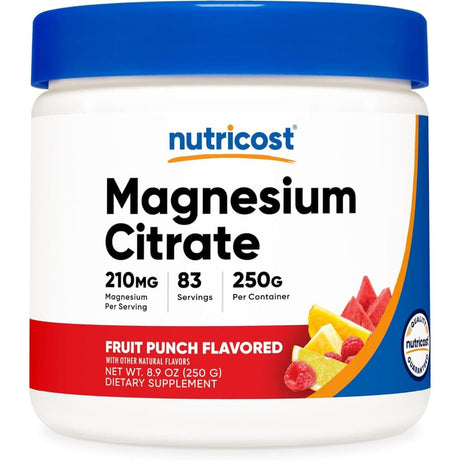 Frontal de Nutricost citrato de magnesio en polvo, sabor Fruit Punch, 250 g.