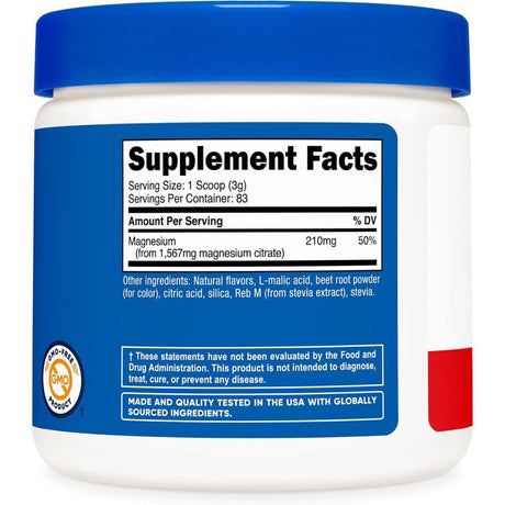Panel de información del suplemento de Nutricost citrato de magnesio en polvo, sabor Fruit Punch, 250 g.