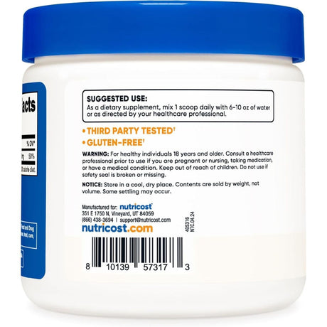 Etiqueta posterior de Nutricost citrato de magnesio en polvo, sabor Sin sabor, 250 g.