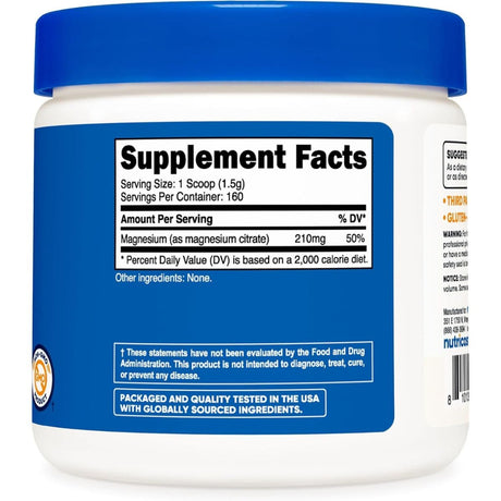 Panel de información del suplemento de Nutricost citrato de magnesio en polvo, sabor Sin sabor, 250 g.
