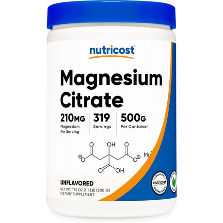 Frontal de Nutricost citrato de magnesio en polvo, sabor Sin sabor, 500 g.