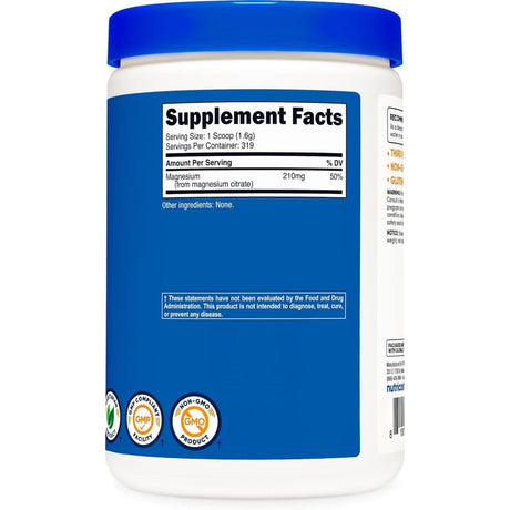 Panel de información del suplemento de Nutricost citrato de magnesio en polvo, sabor Sin sabor, 500 g.
