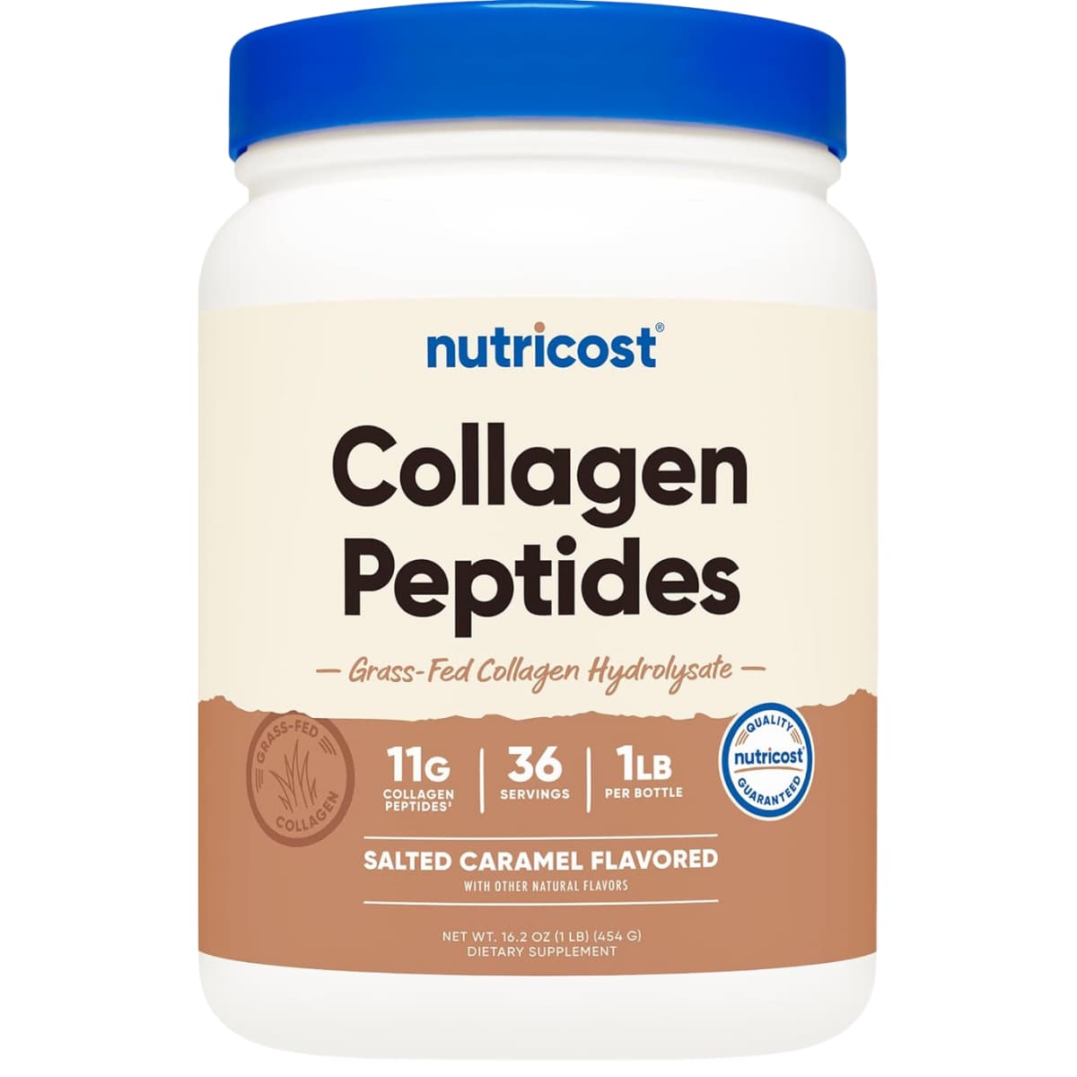 Frasco de suplemento Nutricost Colágeno Hidrolizado Bovino Caramelo Salado 1 lb
