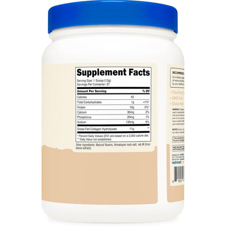 Tabla nutricional del suplemento Nutricost Colágeno Hidrolizado Bovino Vainilla 1 lb
