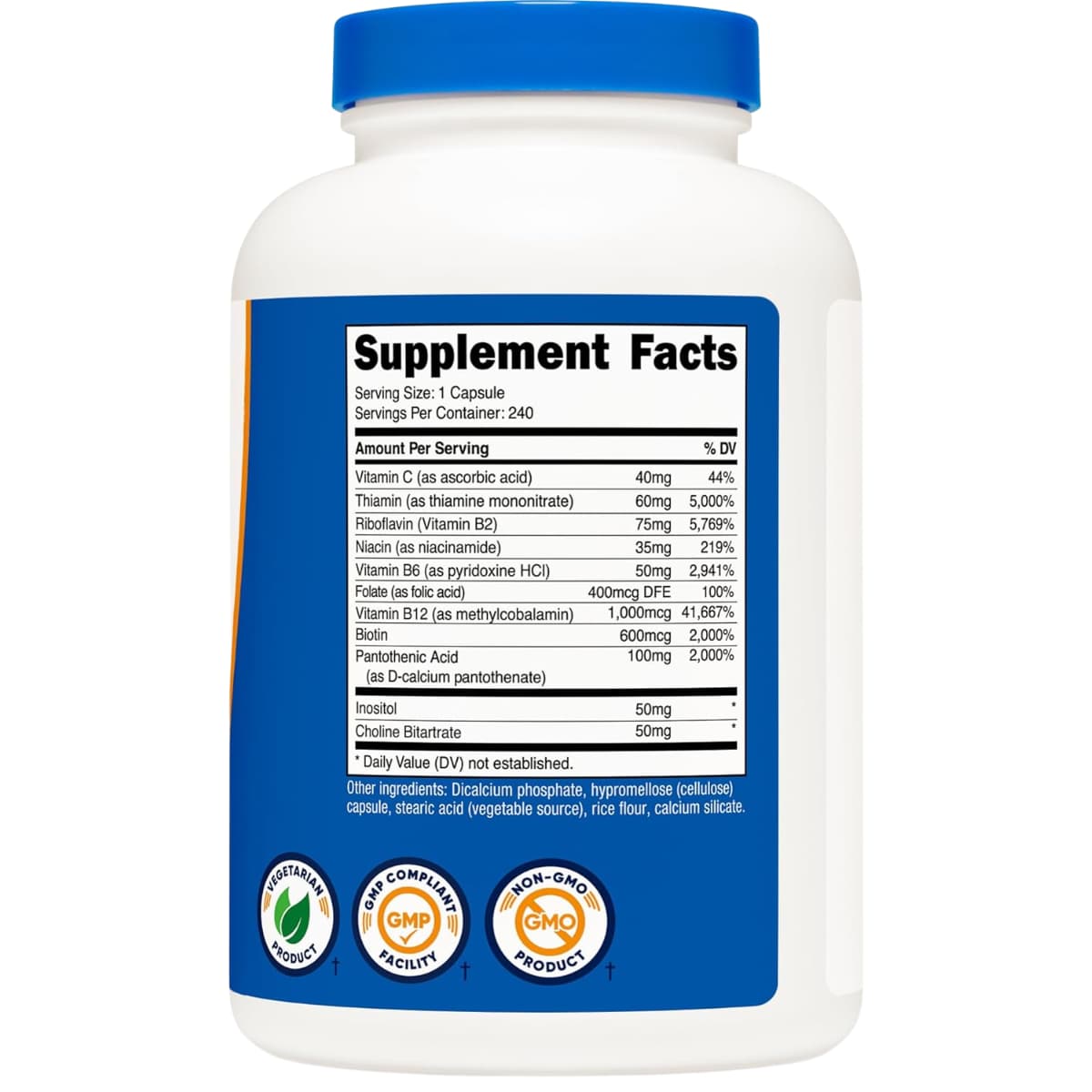 Tabla nutricional del suplemento Nutricost Complejo B 240 cápsulas