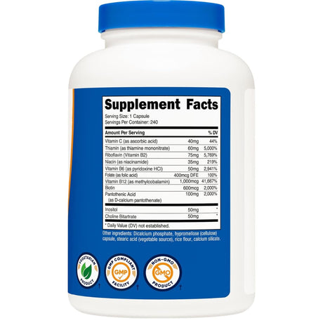 Tabla nutricional del suplemento Nutricost Complejo B 240 cápsulas