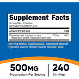 Tabla nutricional del suplemento Nutricost Complejo de Magnesio 500 mg 240 cápsulas