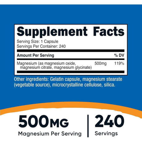 Tabla nutricional del suplemento Nutricost Complejo de Magnesio 500 mg 240 cápsulas