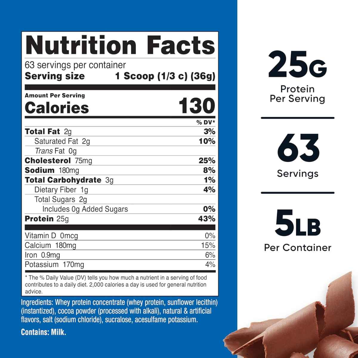 Tabla nutricional del suplemento Nutricost Concentrado de Proteína de Suero sabor chocolate con leche 25g Proteína 5 lbs