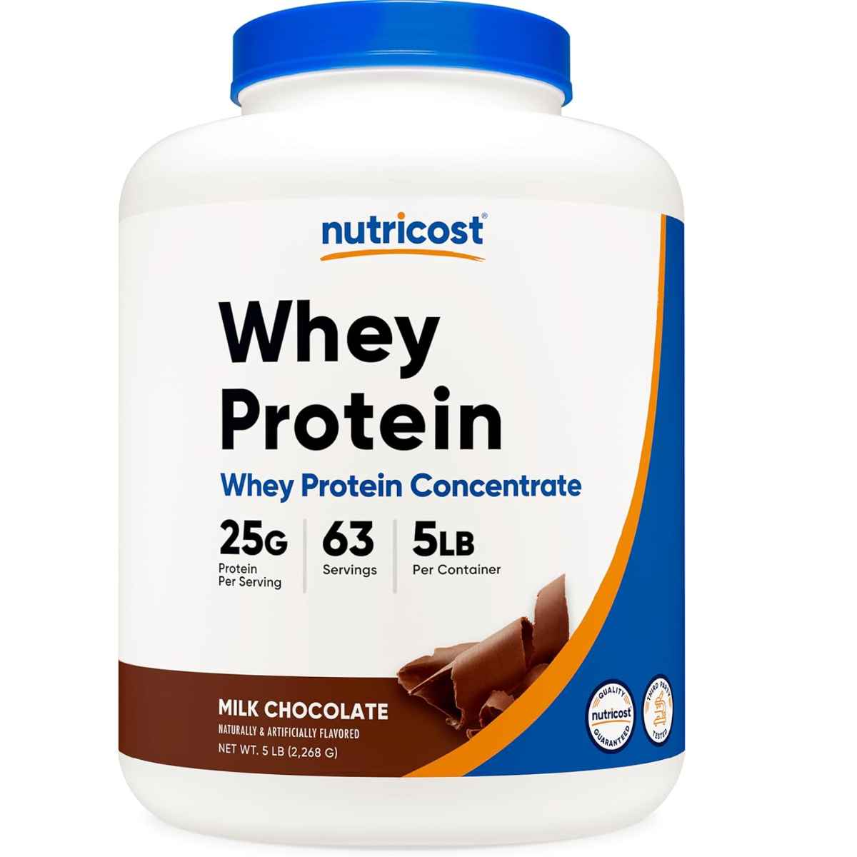 Frasco de suplemento Nutricost Concentrado de Proteína de Suero sabor chocolate con leche 25g Proteína 5 lbs