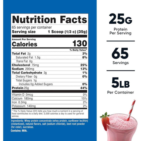 Tabla nutricional del suplemento Nutricost Concentrado de Proteína de Suero sabor fresa 25g Proteína 5 lbs