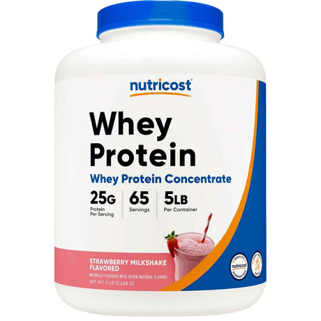 Frasco de suplemento Nutricost Concentrado de Proteína de Suero sabor fresa 25g Proteína 5 lbs