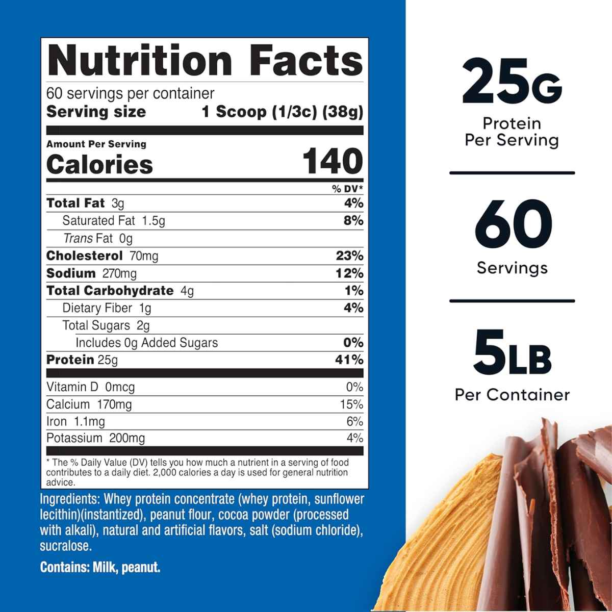 Tabla nutricional del suplemento Nutricost Concentrado de Proteína de Suero sabor mantequilla de chocolate 25g Proteína 5 lbs