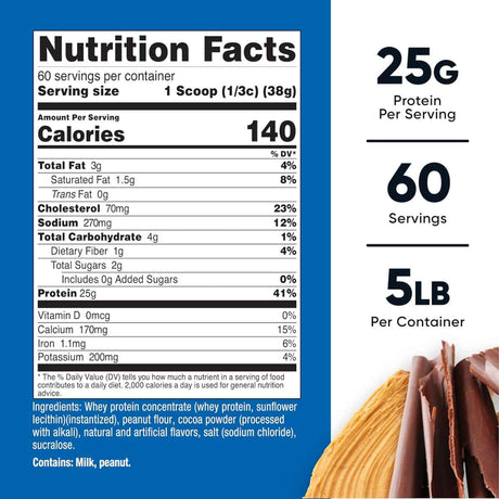 Tabla nutricional del suplemento Nutricost Concentrado de Proteína de Suero sabor mantequilla de chocolate 25g Proteína 5 lbs